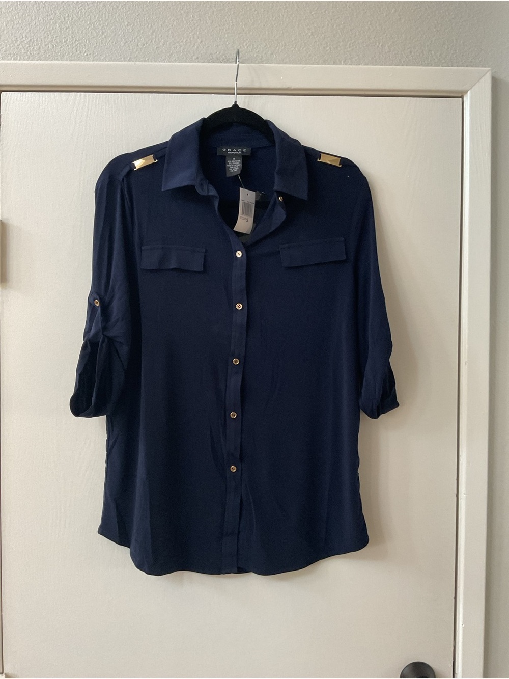 Grace Navy Button-Up Blouse with Gold Hardware
